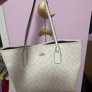 Coach White Tote with Signature Monogram and Gold Accents